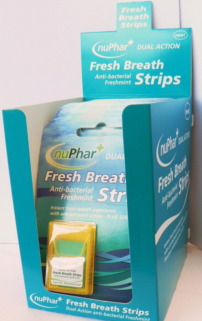 A shelf-ready box containing 12 packets of Fresh Breath strips suitable for displaying on a store shelf.