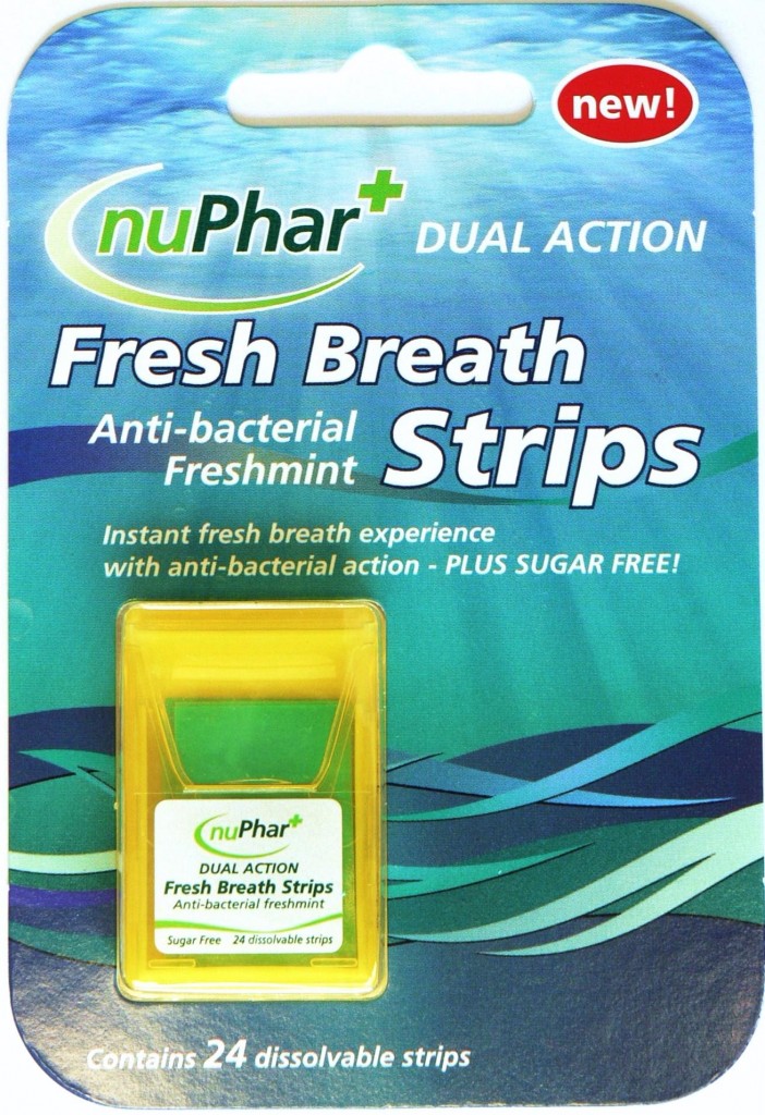 Image of a packet containing 24 freshmint antibacterial sugar free Fresh Breath strips